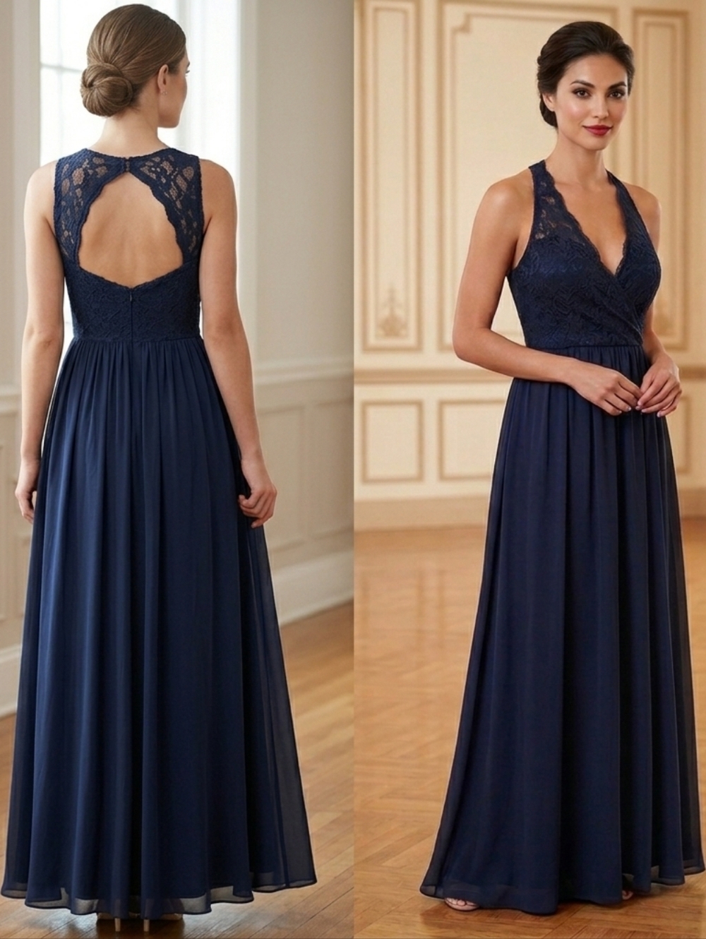 Morilee Madeline Gardner Navy Blue Lace Chiffon Evening Gown Dress Plus Size 16